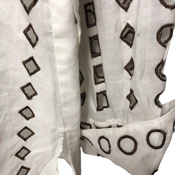 La Rea Collection White Brown Shoulders Pads Shirt Womens top 100% Linen XLarge - Picture 11 of 12